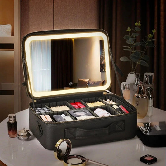 Women LED Light Cosmetic Bag Mirror Cosmetic Case Travel Vanity Bag